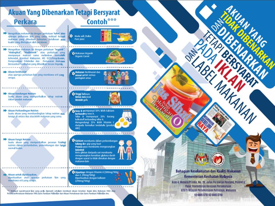 Seksyen 17 (1) (b), Akta Makanan 1983 menyatakan apa-apa perkara yang dilarang pada label makanan juga dilarang dalam iklan makanan.

Peraturan-Peraturan Makanan 1985 yang terlibat adalah Peraturan 18, 18(A), 18(B), 18(C), 18(D), 18(E) dan 26.